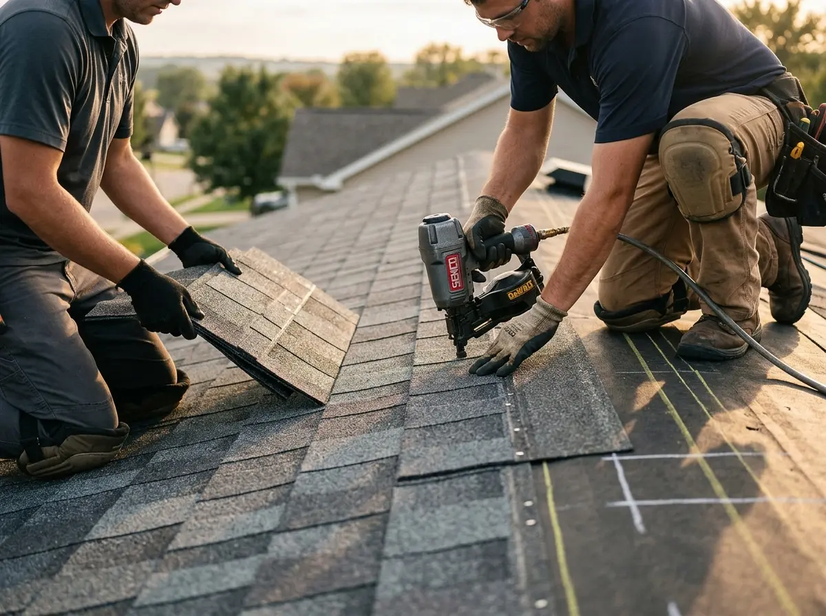 Professional roofer working on a residential roof in Ramona